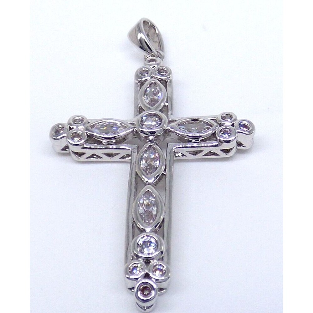 Cross Pendant Clear Rhinestone Crystals Marquise Pave Silver Tone Video Sparkly!